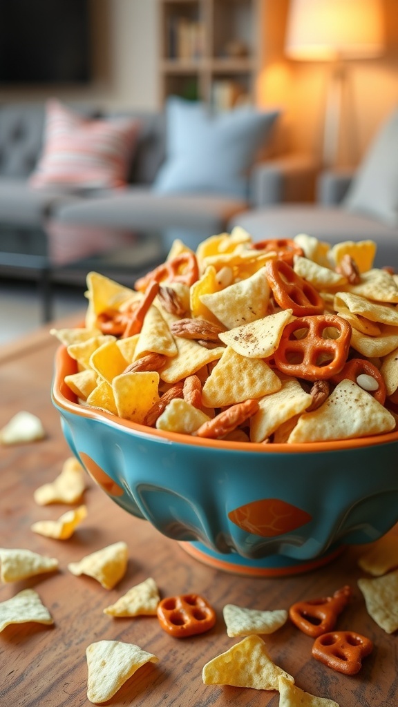 A vibrant bowl of savory snack mix with tortilla chips, pretzels, and nuts on a wooden table.